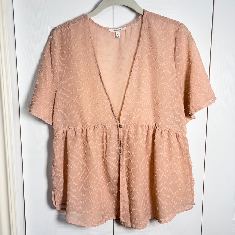 Sheer XS Dusty Rose Dot Peplum Flutter Sleeve Kimono Top Romantic Coquette